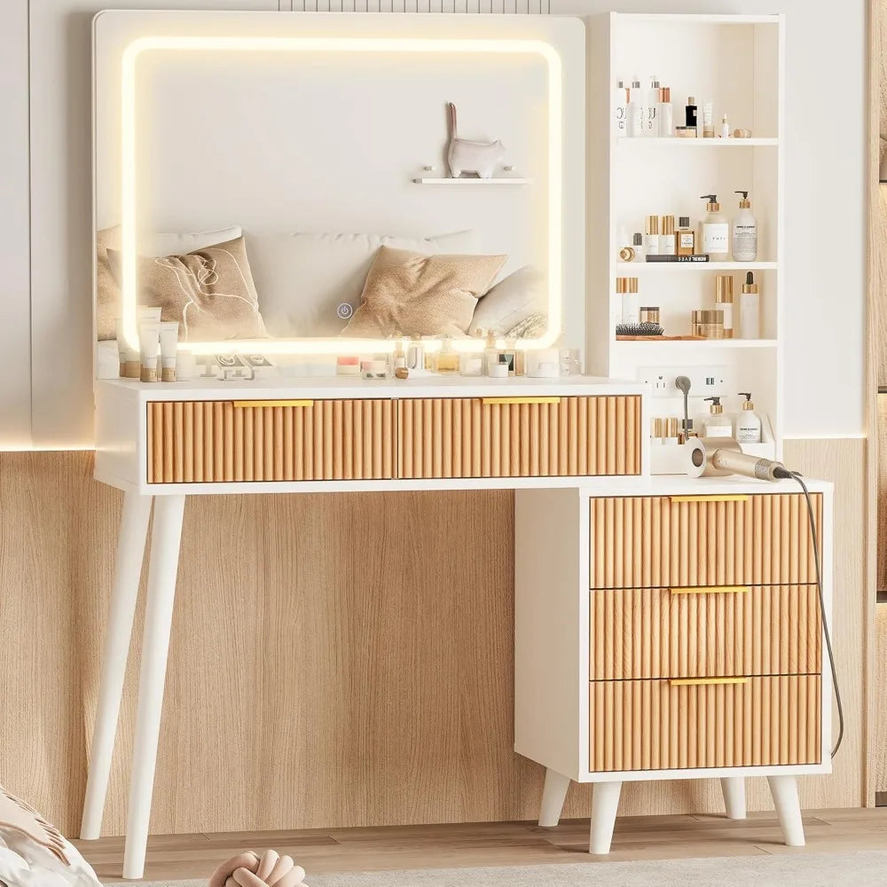 Modern Makeup Vanity Desk With Mirror Lights Shelves And Drawers