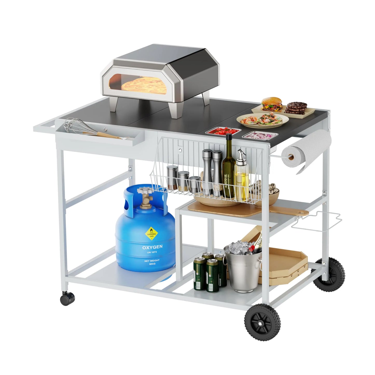 Outdoor Grill Cart With Foldable Stainless Steel Top And Wheels