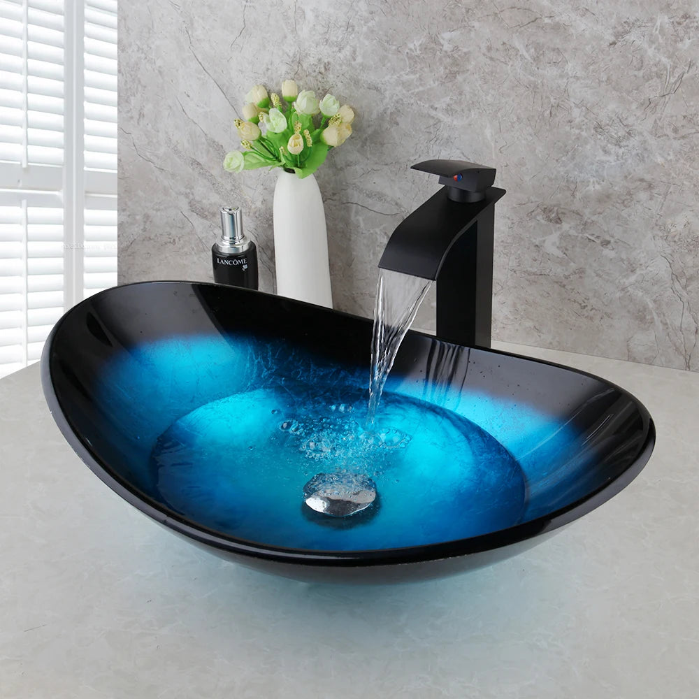JIENI Tempered Glass Hand Painted Waterfall Basin Brass Faucet Set