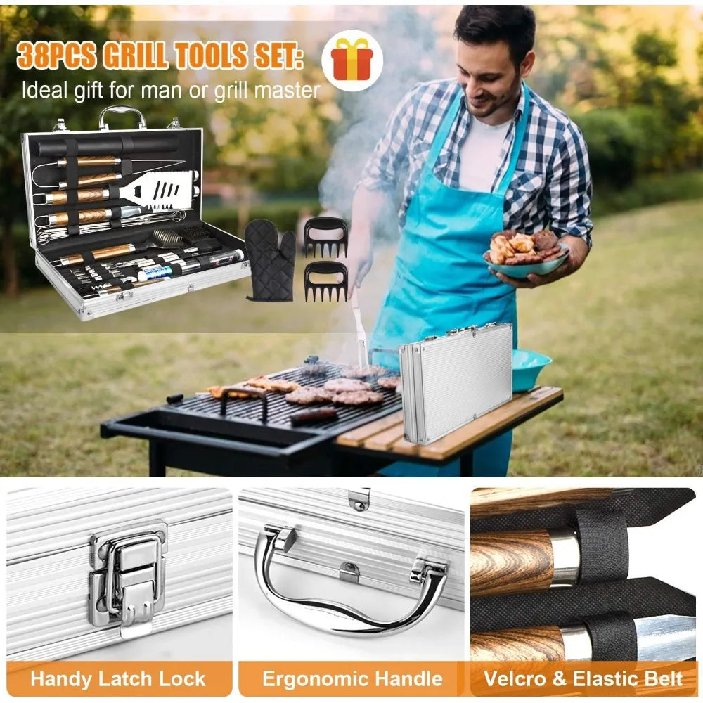 NBVCX Stainless Steel BBQ Tool Set With Thermometer Grill Mats Aluminum Case
