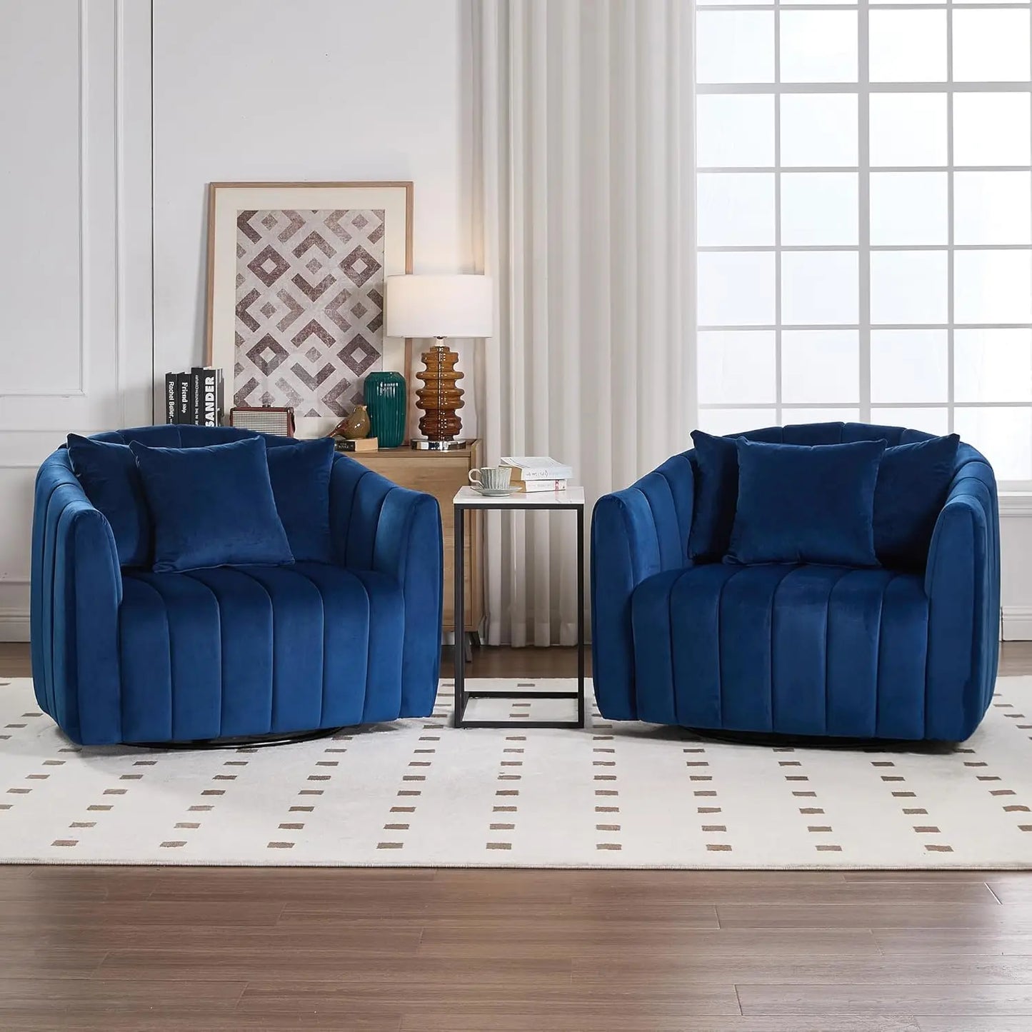 Velvet Swivel Barrel Chair With Ottoman And Pillows Living Room