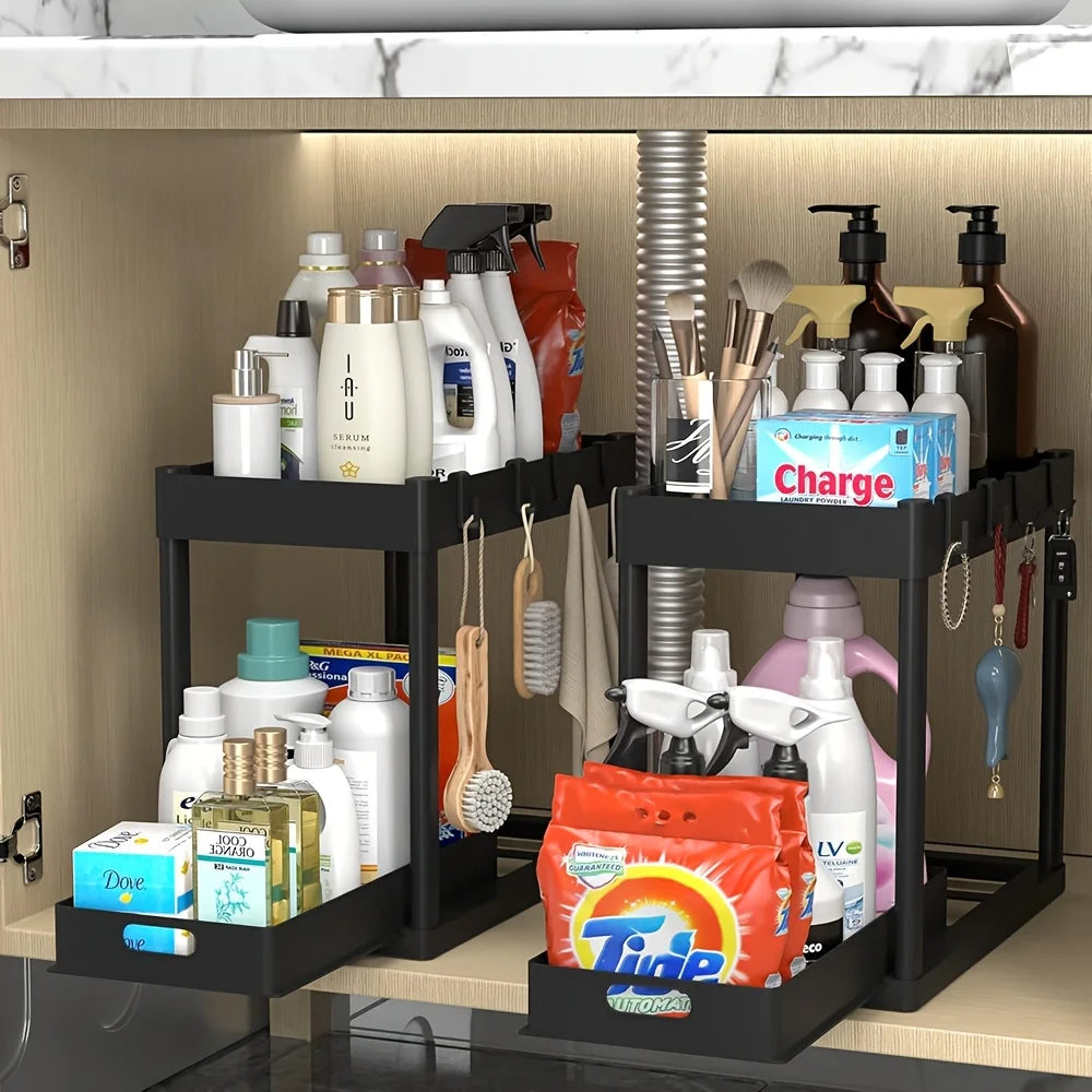 Under Sink Storage Organizer Set 2 Tier Slide Out Baskets And Hooks