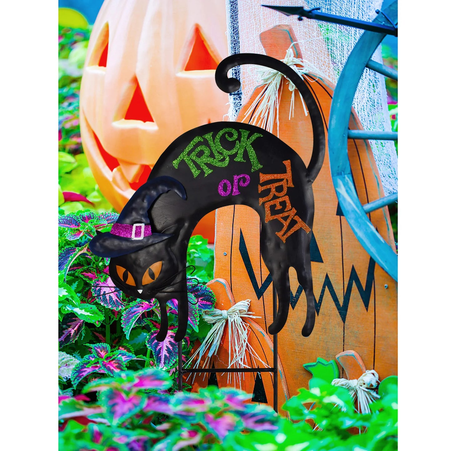 Halloween Metal Jack-O-Lantern and Black Cat Stake Set Outdoor