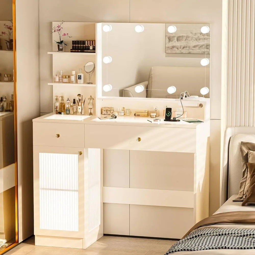 Modern Makeup Vanity Desk With Mirror Lights Shelves And Drawers