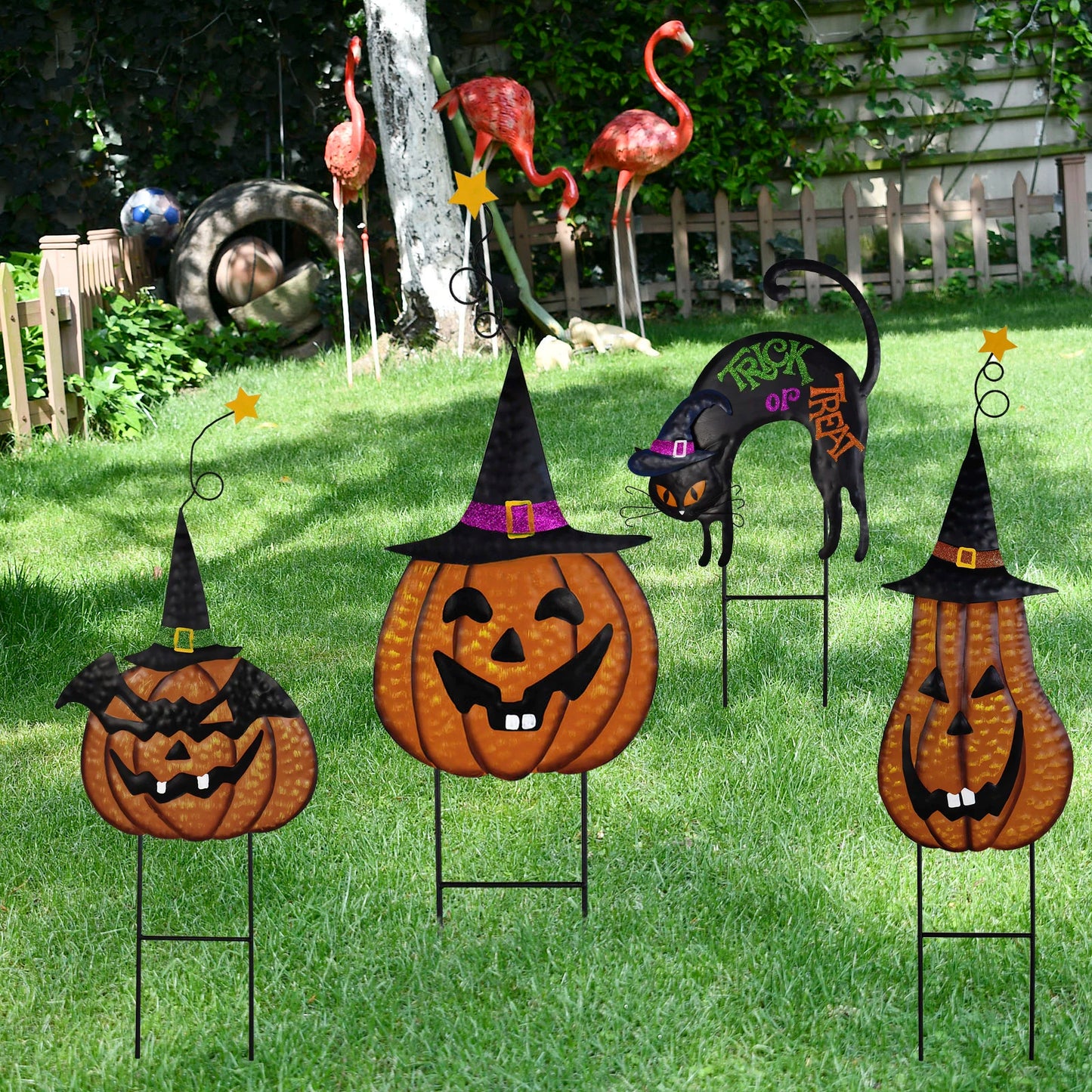 Halloween Metal Jack-O-Lantern and Black Cat Stake Set Outdoor