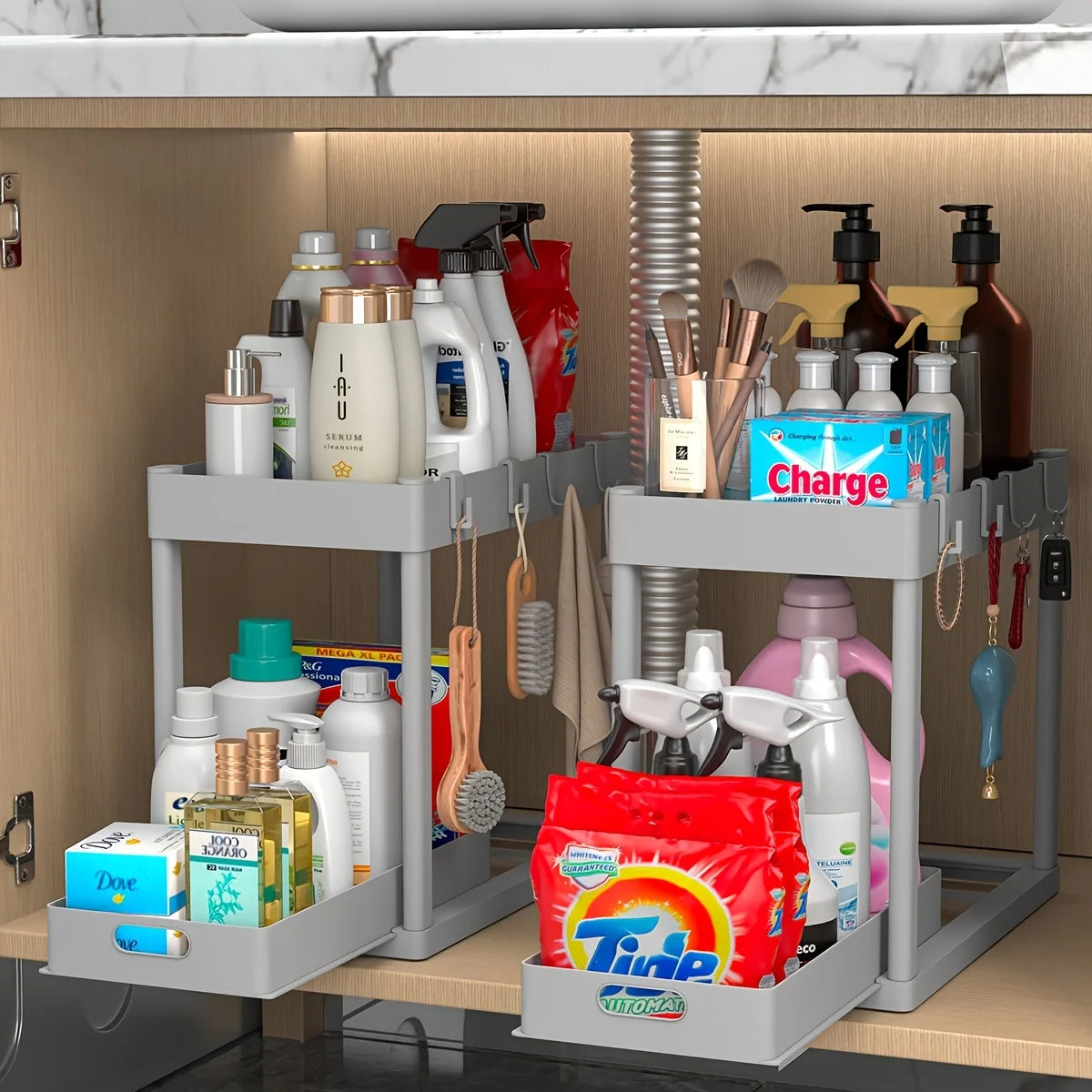 Under Sink Storage Organizer Set 2 Tier Slide Out Baskets And Hooks