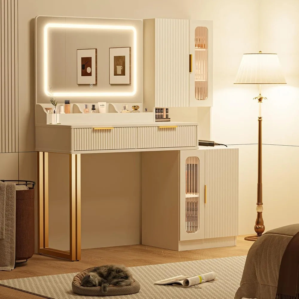 Modern Makeup Vanity Desk With Mirror Lights Shelves And Drawers