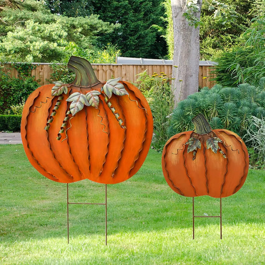 Metal Pumpkin Garden Stakes Set for Autumn Yard Decor