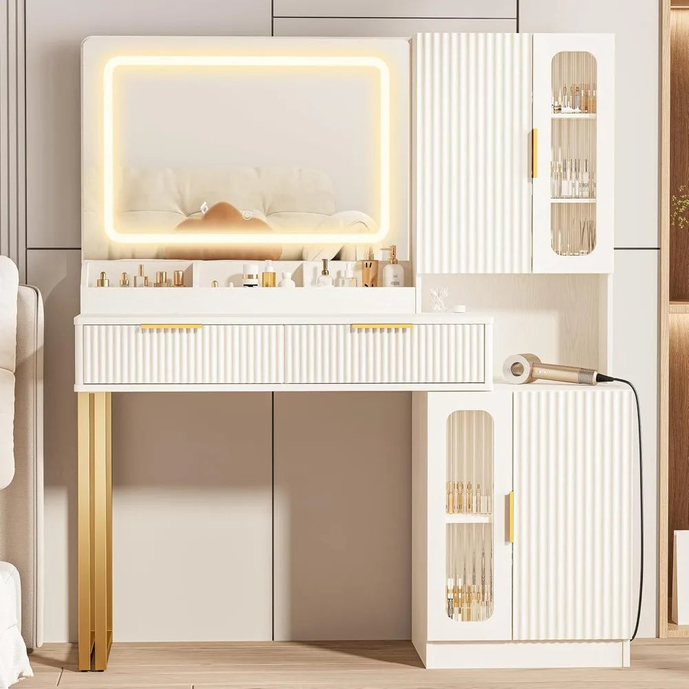 Modern Makeup Vanity Desk With Mirror Lights Shelves And Drawers