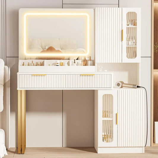 Modern Makeup Vanity Desk With Mirror Lights Shelves And Drawers