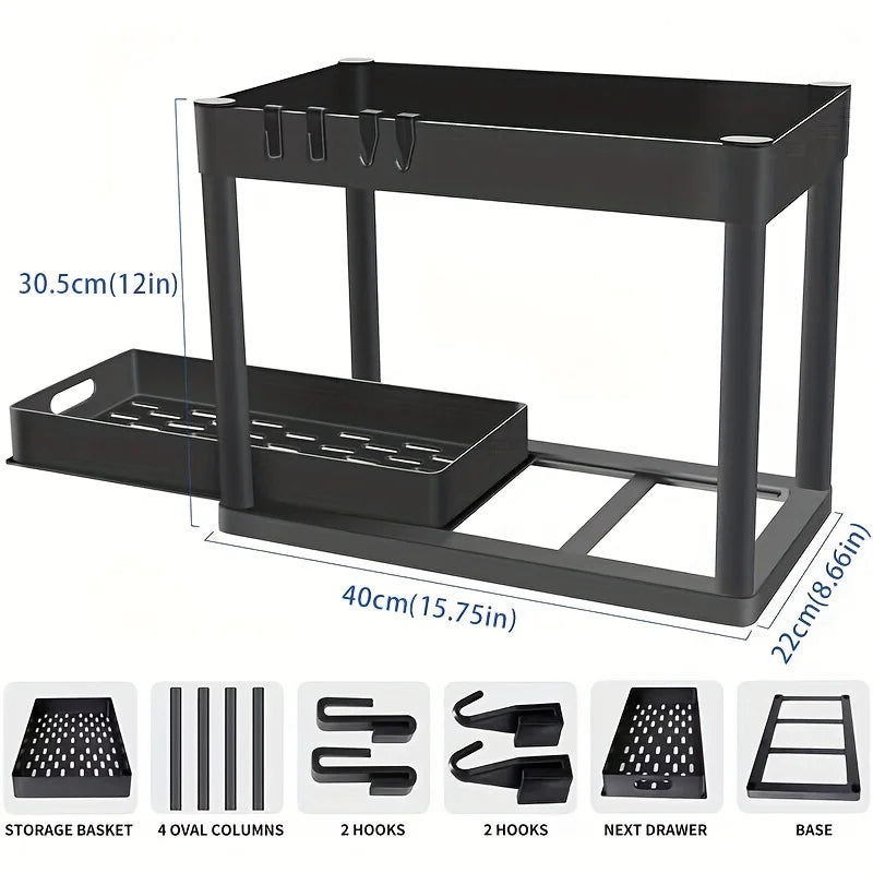 Under Sink Storage Organizer Set 2 Tier Slide Out Baskets And Hooks