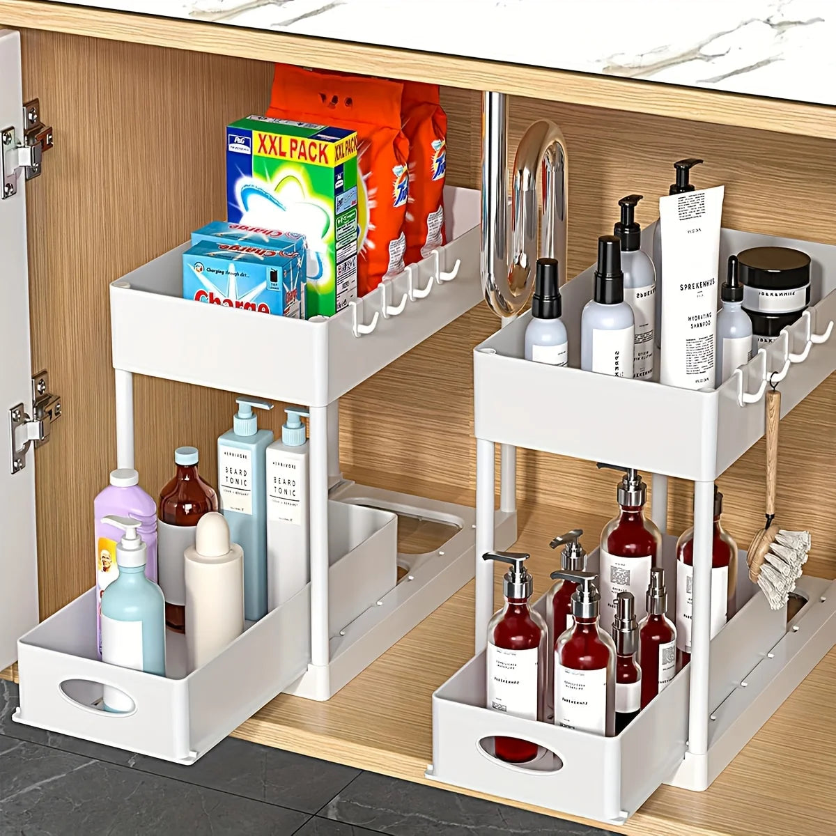 Under Sink Storage Organizer Set 2 Tier Slide Out Baskets And Hooks