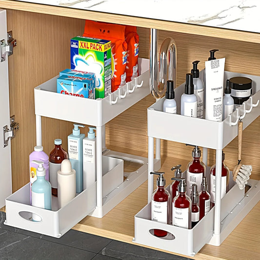 Under Sink Storage Organizer Set 2 Tier Slide Out Baskets And Hooks