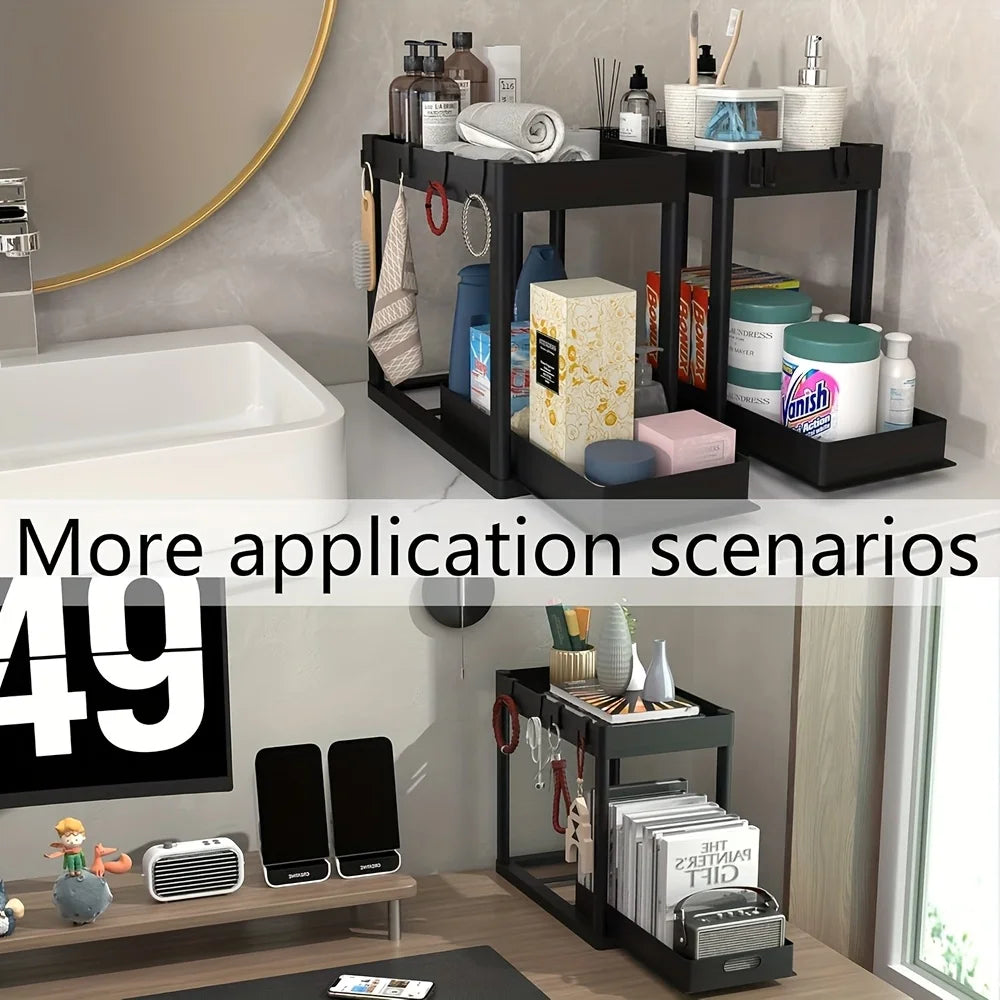 Under Sink Storage Organizer Set 2 Tier Slide Out Baskets And Hooks