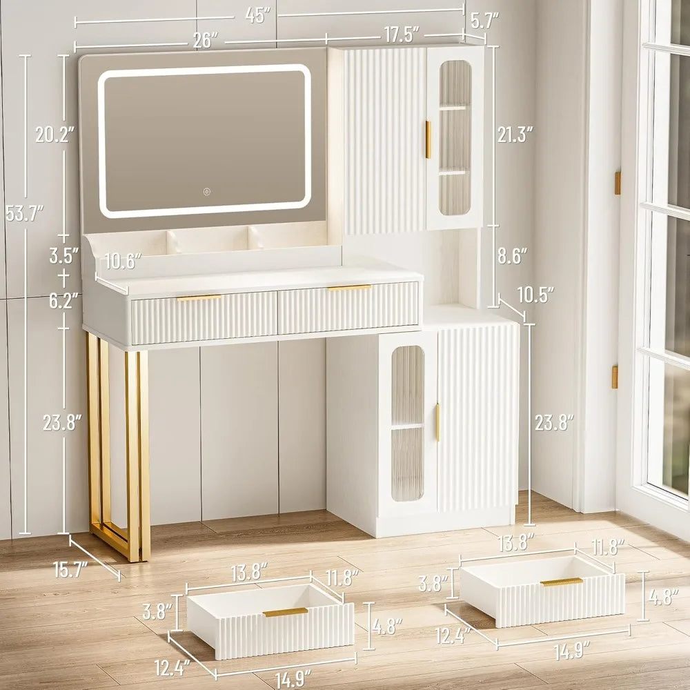 Modern Makeup Vanity Desk With Mirror Lights Shelves And Drawers