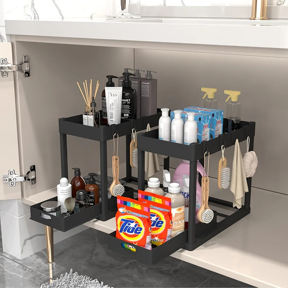 Under Sink Storage Organizer Set 2 Tier Slide Out Baskets And Hooks