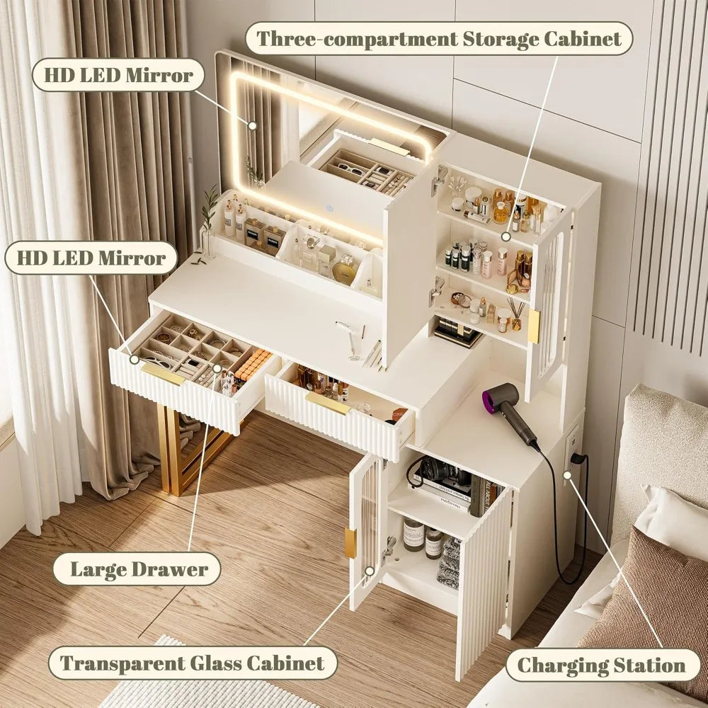 Modern Makeup Vanity Desk With Mirror Lights Shelves And Drawers