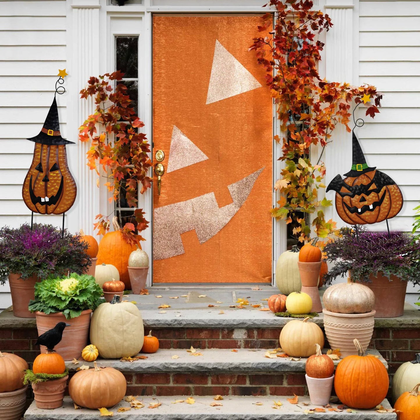 Halloween Metal Jack-O-Lantern and Black Cat Stake Set Outdoor