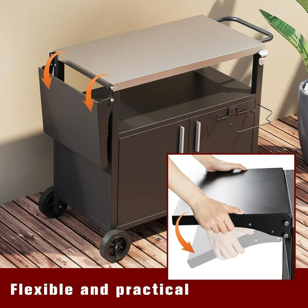 Outdoor Grill Cart With Foldable Stainless Steel Top And Wheels