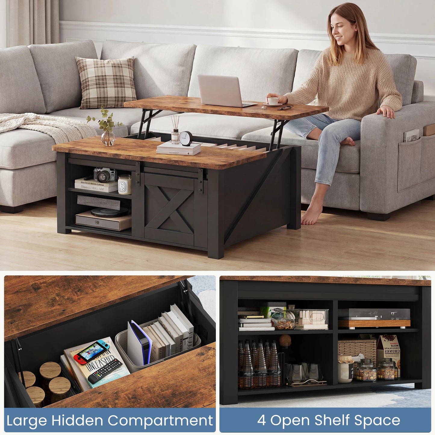 MCQ Wooden Lift Top Coffee Table With Adjustable Storage