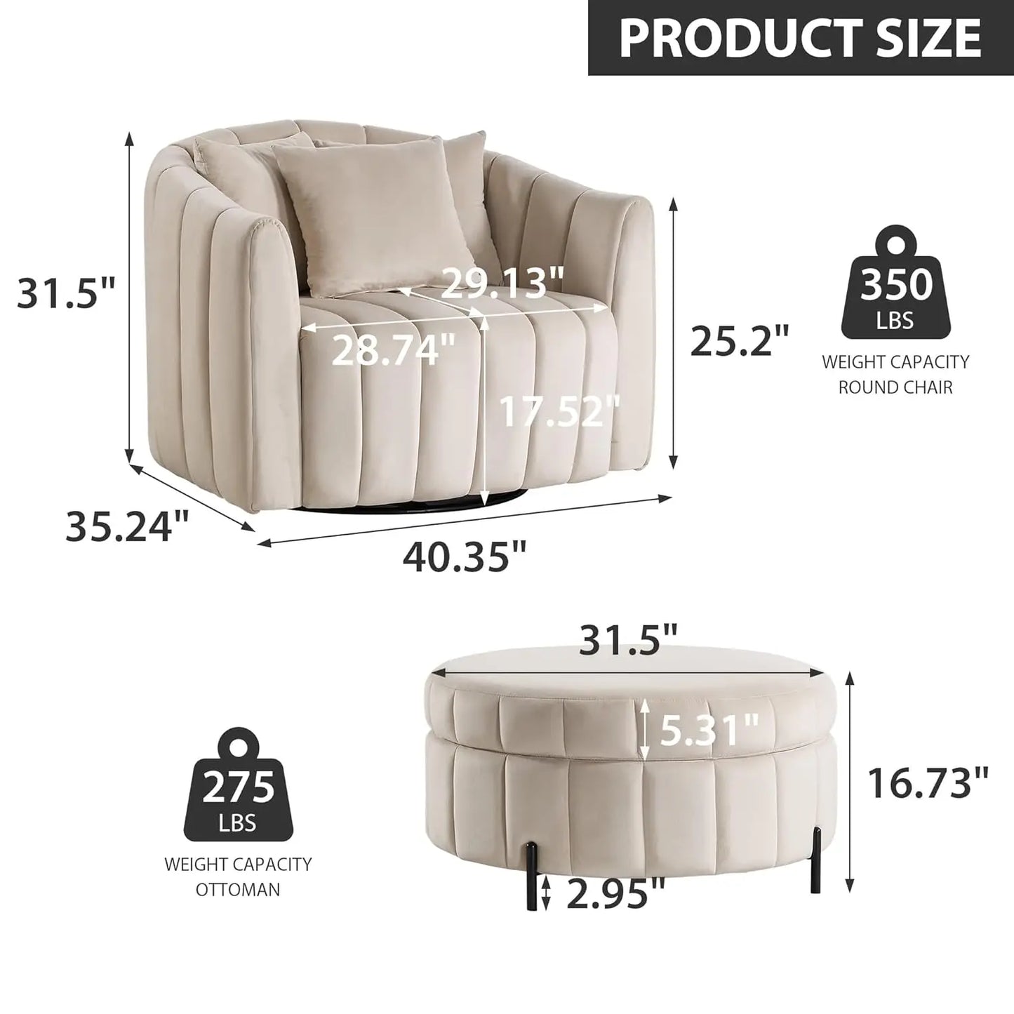 Velvet Swivel Barrel Chair With Ottoman And Pillows Living Room