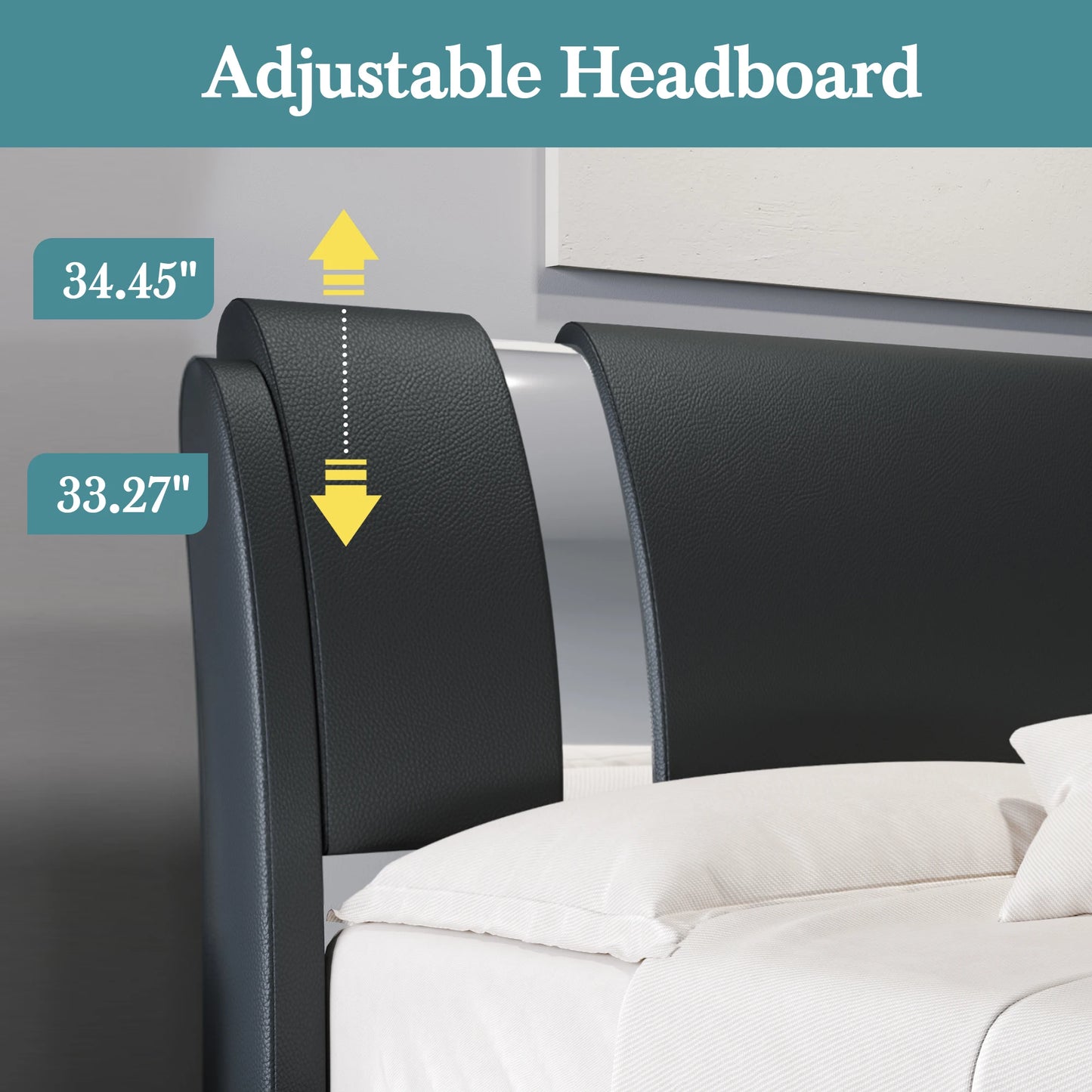 HOOMIC Modern Faux Leather Bed Frame With Height Adjustable Headboard And Iron