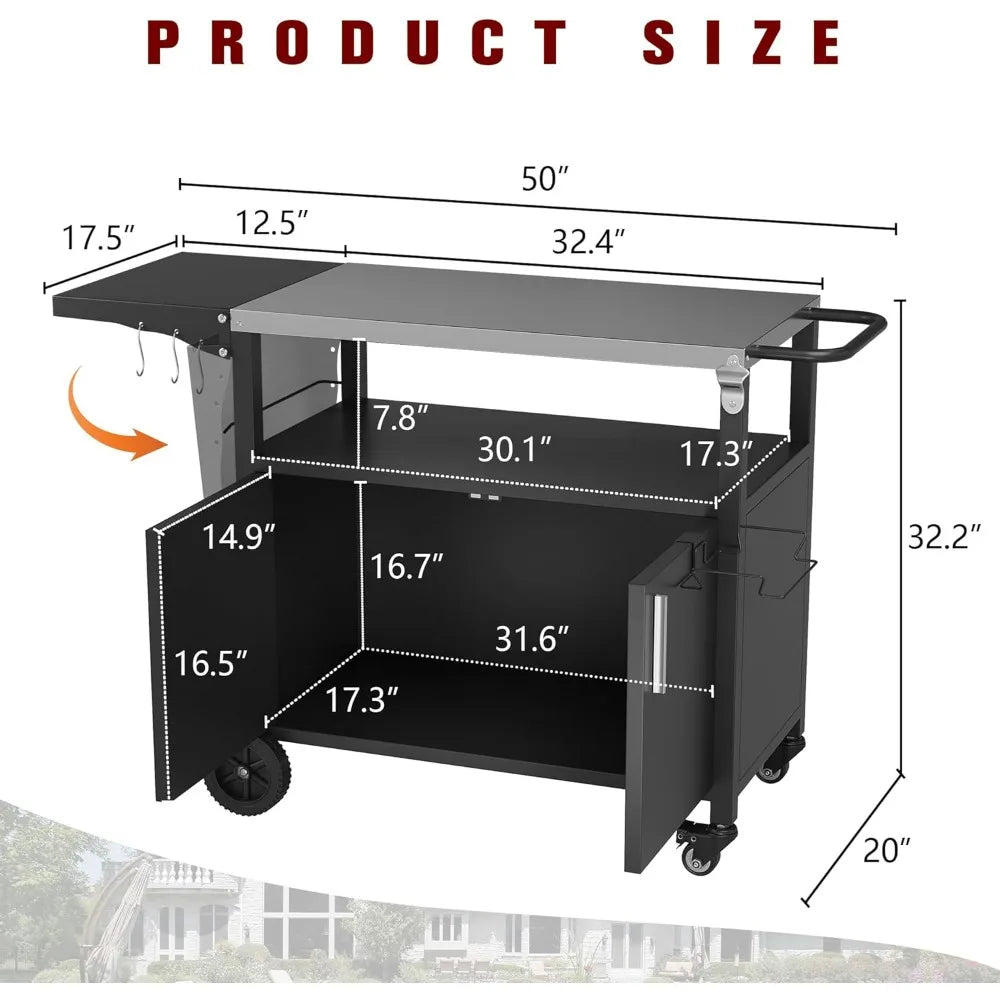 Outdoor Grill Cart With Foldable Stainless Steel Top And Wheels