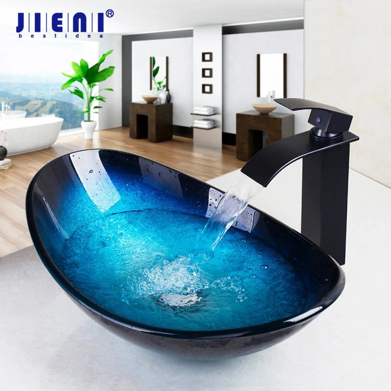 JIENI Tempered Glass Hand Painted Waterfall Basin Brass Faucet Set