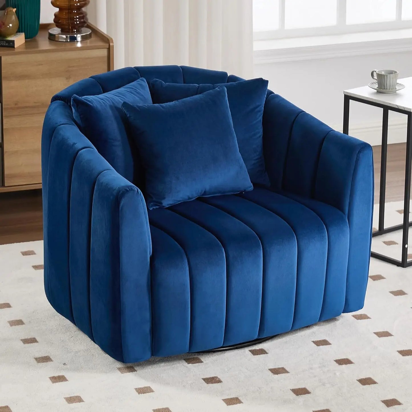 Velvet Swivel Barrel Chair With Ottoman And Pillows Living Room
