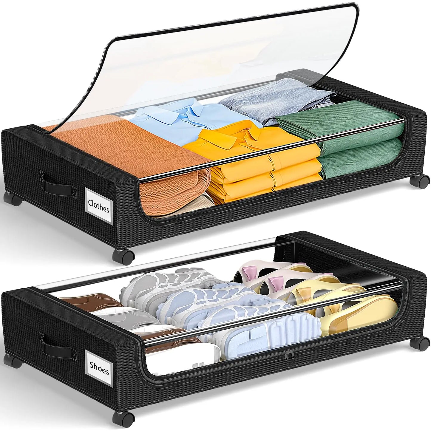 Under Bed Rolling Storage Bins, 2-Pack With Clear Lids