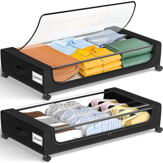Under Bed Rolling Storage Bins, 2-Pack With Clear Lids