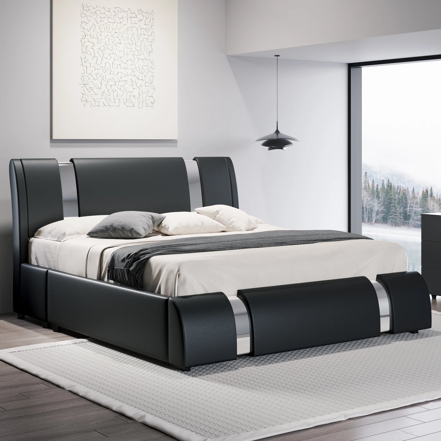 HOOMIC Modern Faux Leather Bed Frame With Height Adjustable Headboard And Iron