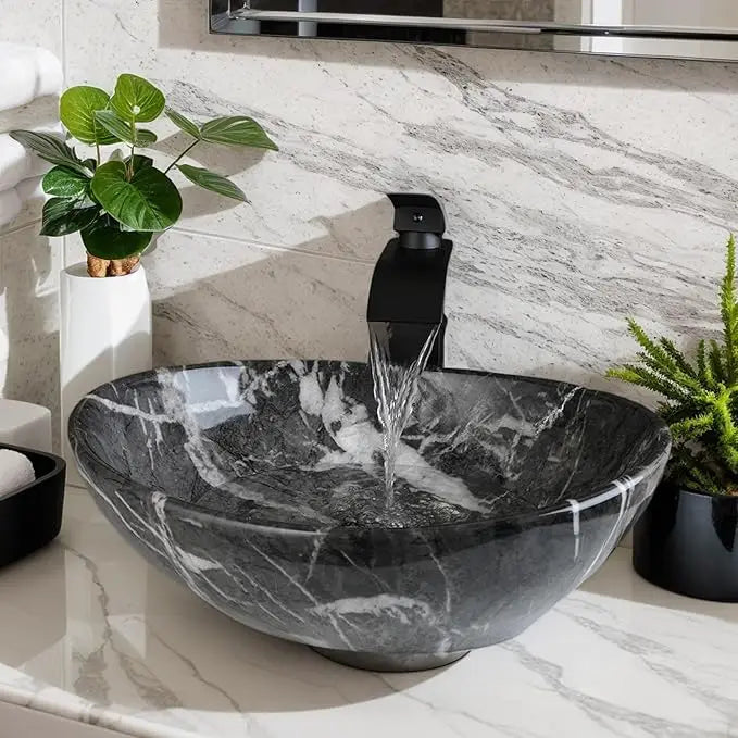 MEKKHALA Marble Oval Vessel Sink With Faucet Above Counter