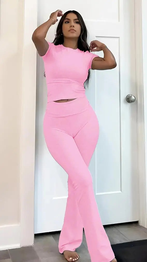 Womens Two Piece Yoga Set Short Sleeve Top Flared Pants