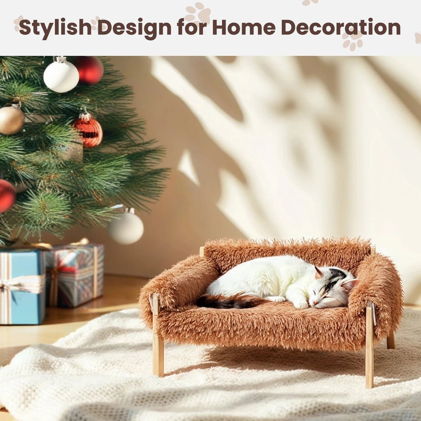 Raised Plush Cat Sofa Bed With Wooden Legs Indoor Cats