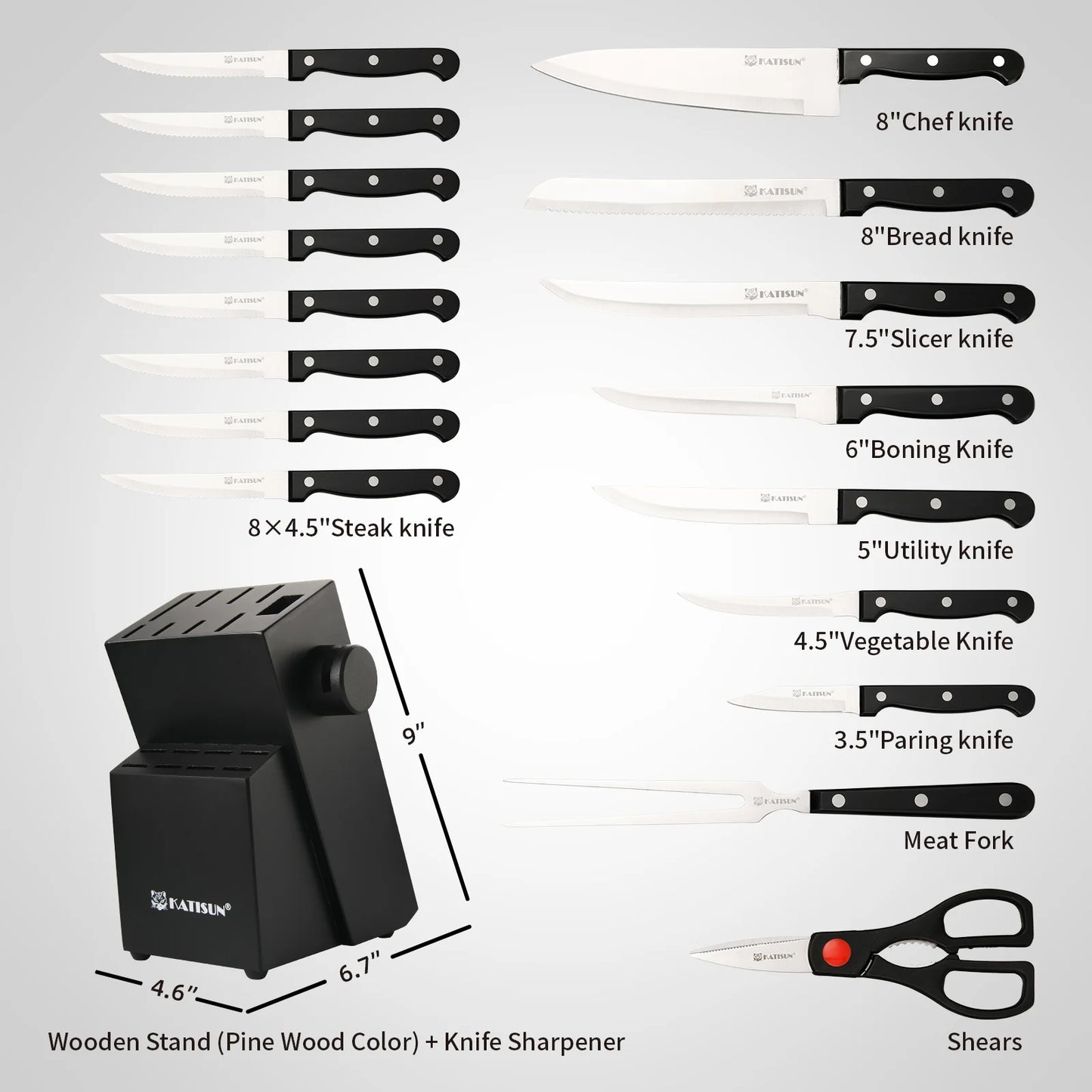 Katisun 19-Piece Carbon Steel Knife Block Set With Built-In Sharpener Meat Fork