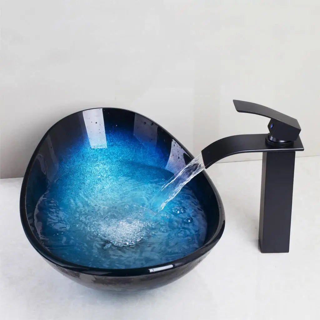 JIENI Tempered Glass Hand Painted Waterfall Basin Brass Faucet Set