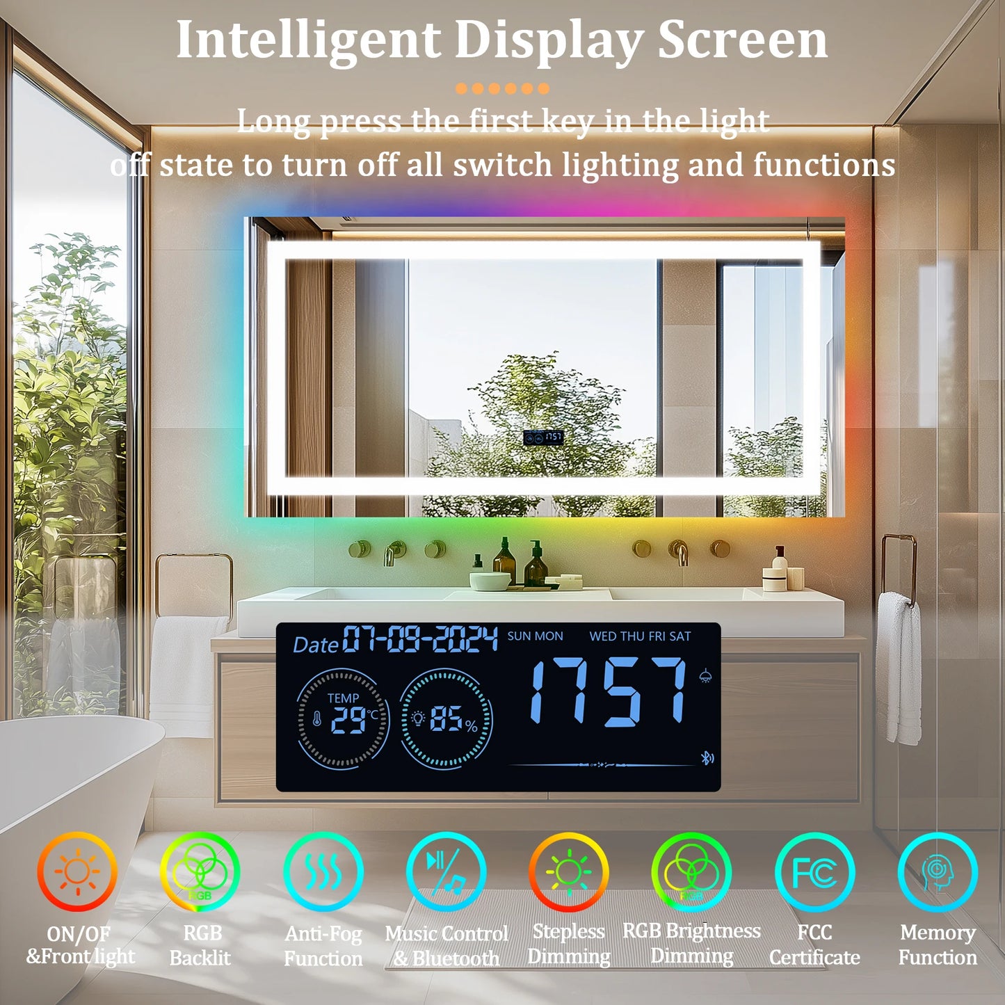 Wisfor LED Bathroom Mirror With Anti Fog RGB Dimmable Lights