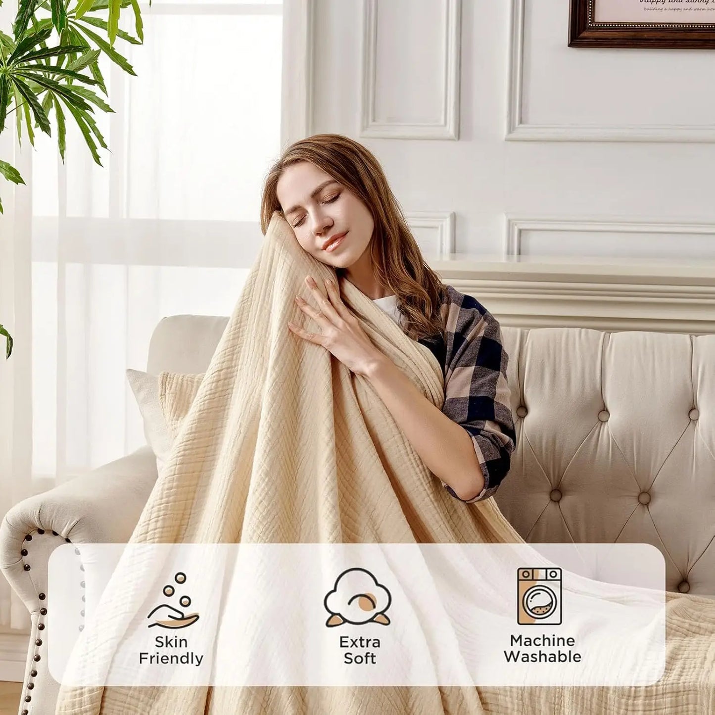 Cotton Muslin Throw Blanket For Couch Bed Sofa Lightweight All-Season