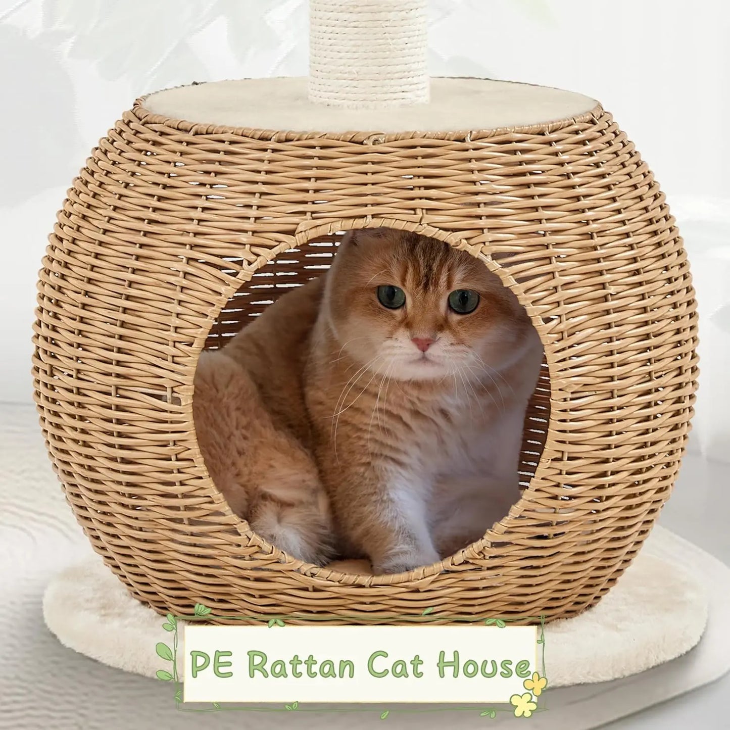 Cat Tree Rattan Tower With Scratching Post And Woven Condo