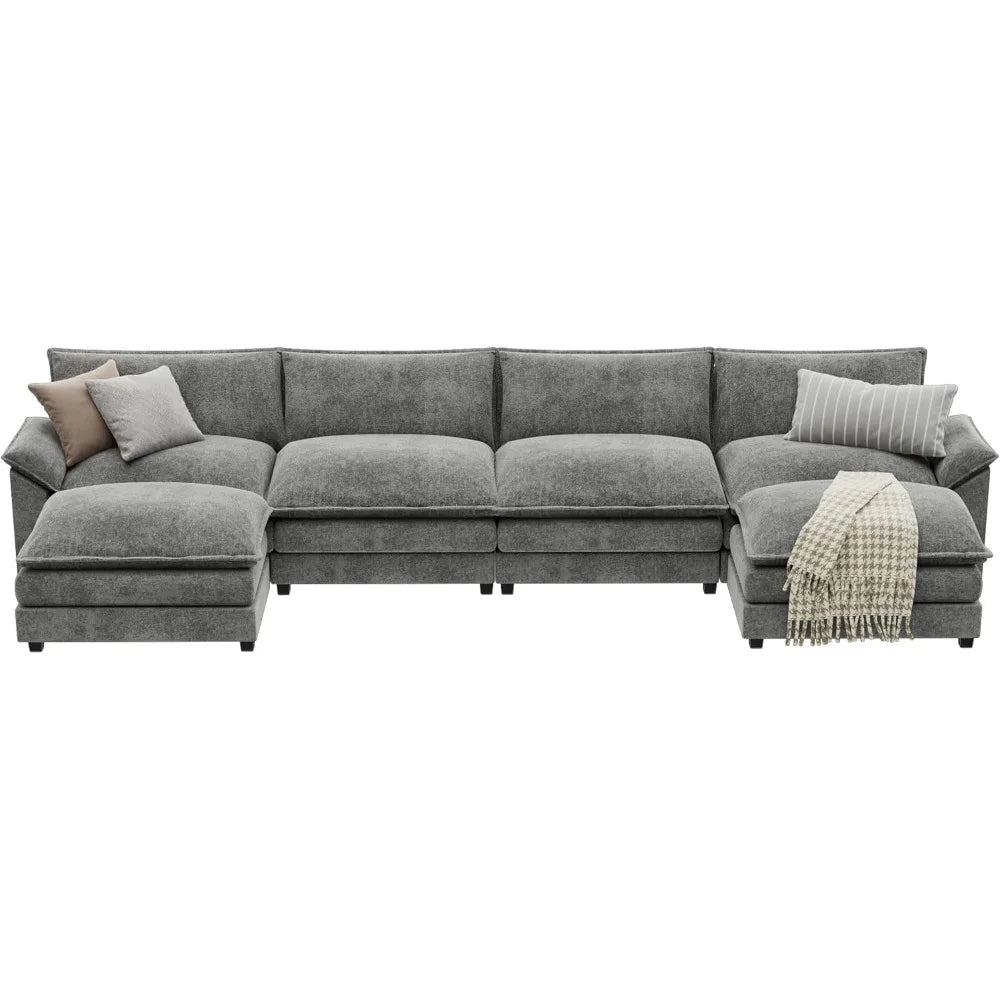 U Shaped Chenille Sectional Sofa With Removable Ottoman Sleeper