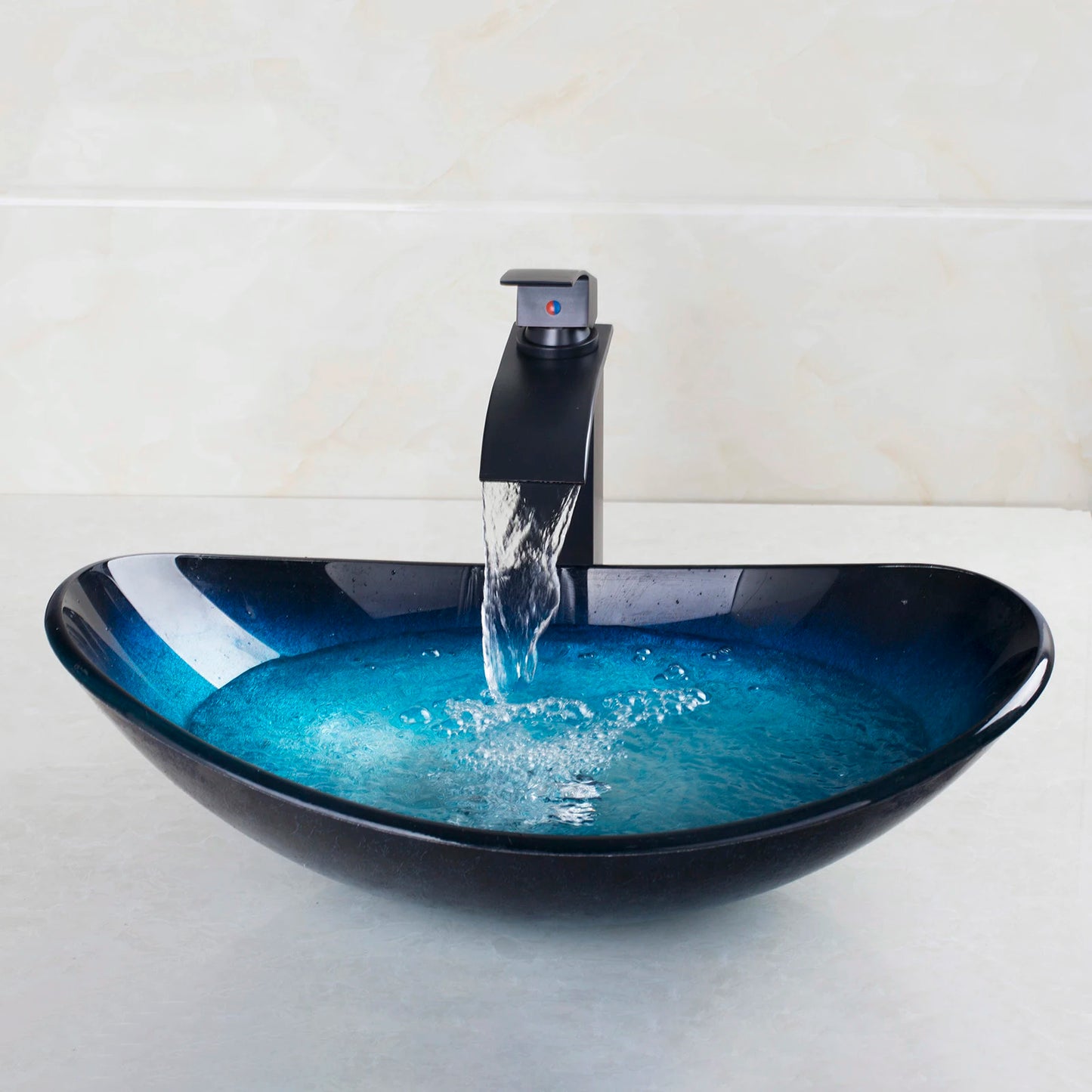 JIENI Tempered Glass Hand Painted Waterfall Basin Brass Faucet Set
