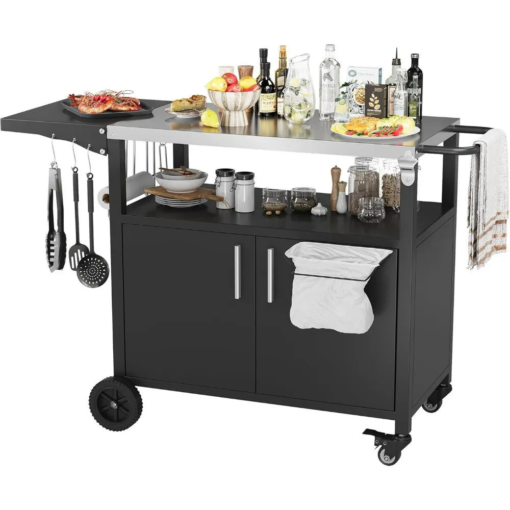 Outdoor Grill Cart With Foldable Stainless Steel Top And Wheels