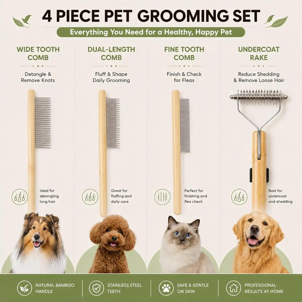 Pet Grooming Kit 4 In 1 Dematting Undercoat Rake Detangling