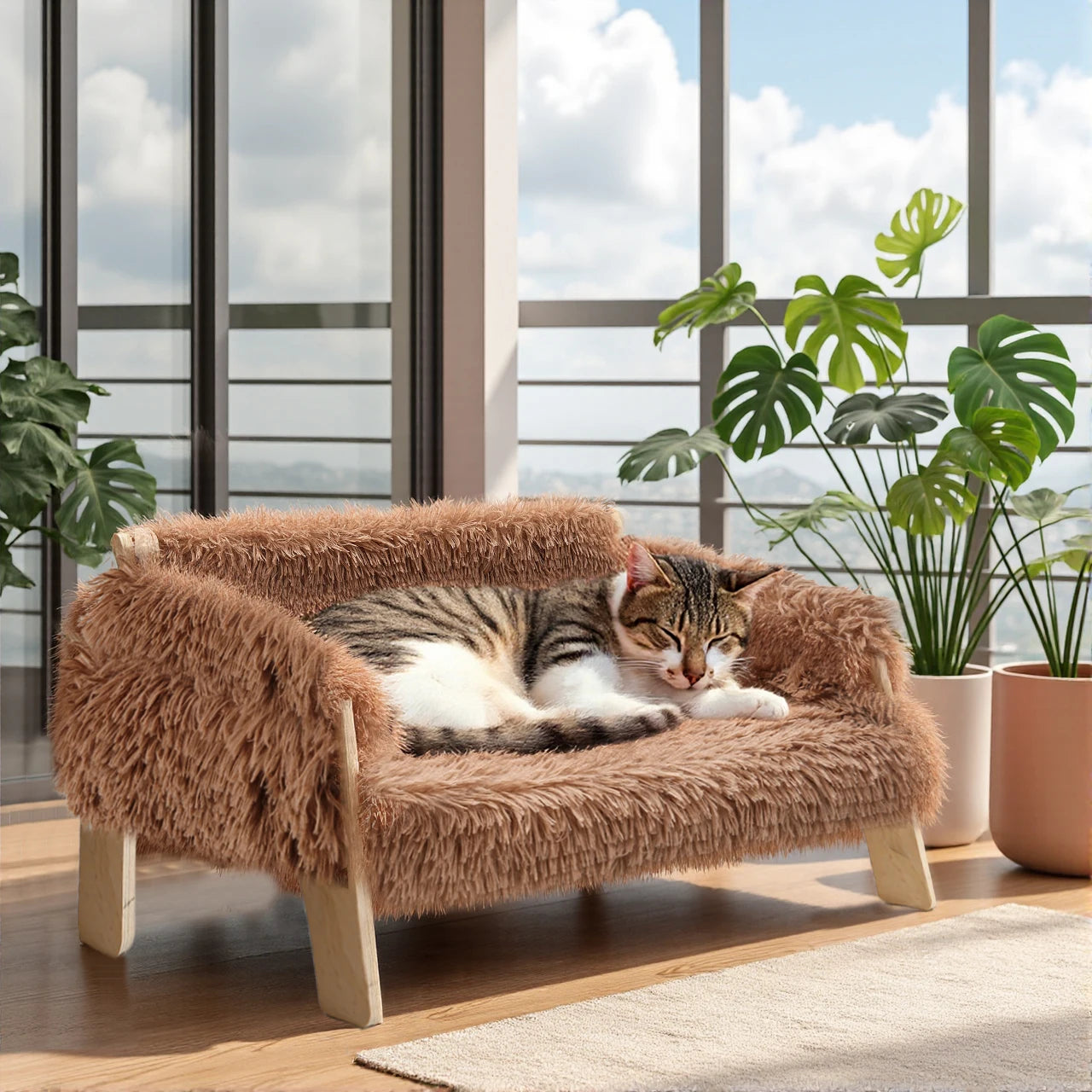 Raised Plush Cat Sofa Bed With Wooden Legs Indoor Cats
