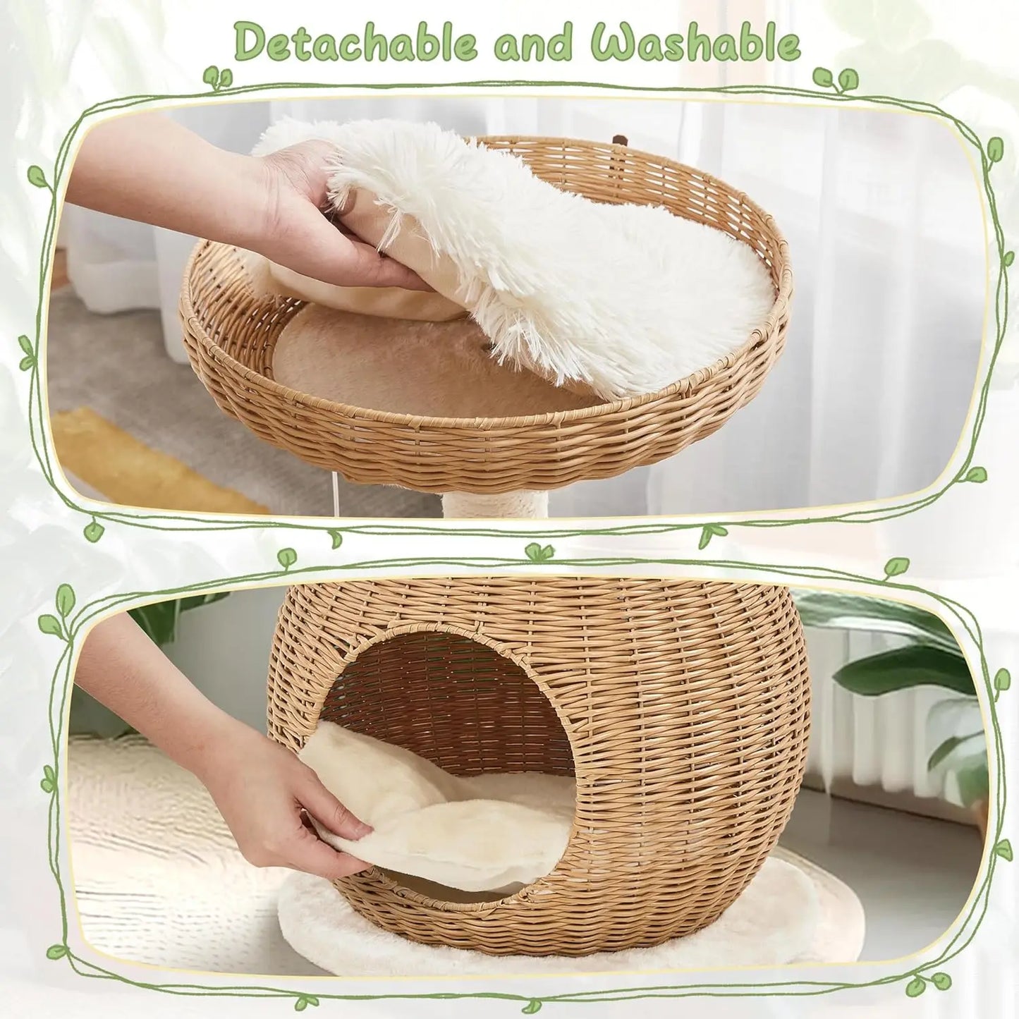 Cat Tree Rattan Tower With Scratching Post And Woven Condo
