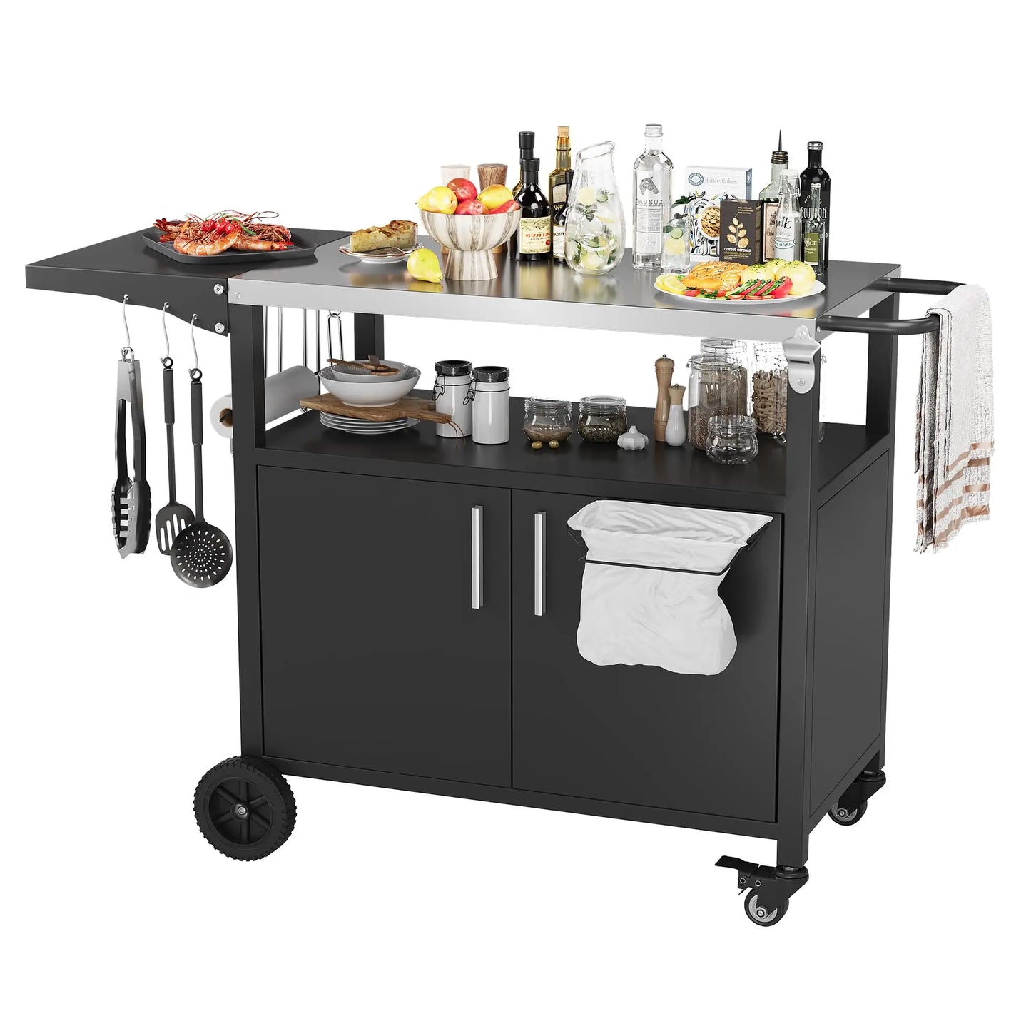 Outdoor Grill Cart With Foldable Stainless Steel Top And Wheels
