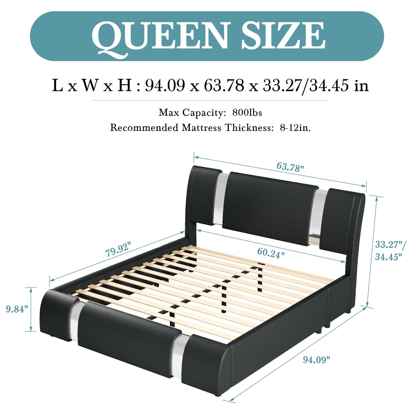 HOOMIC Modern Faux Leather Bed Frame With Height Adjustable Headboard And Iron