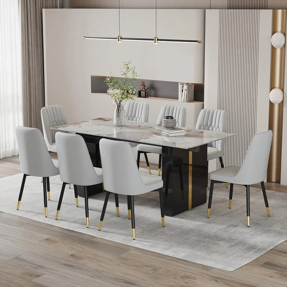 Modern Faux Marble Dining Table Set With PU Leather Chairs