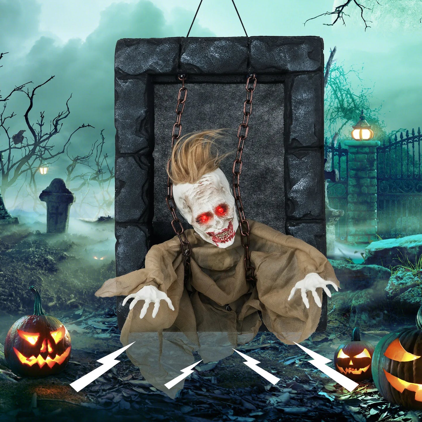LIFEZEAL Halloween Hanging Animated Zombie Prisoner Decoration With Glowing Eyes